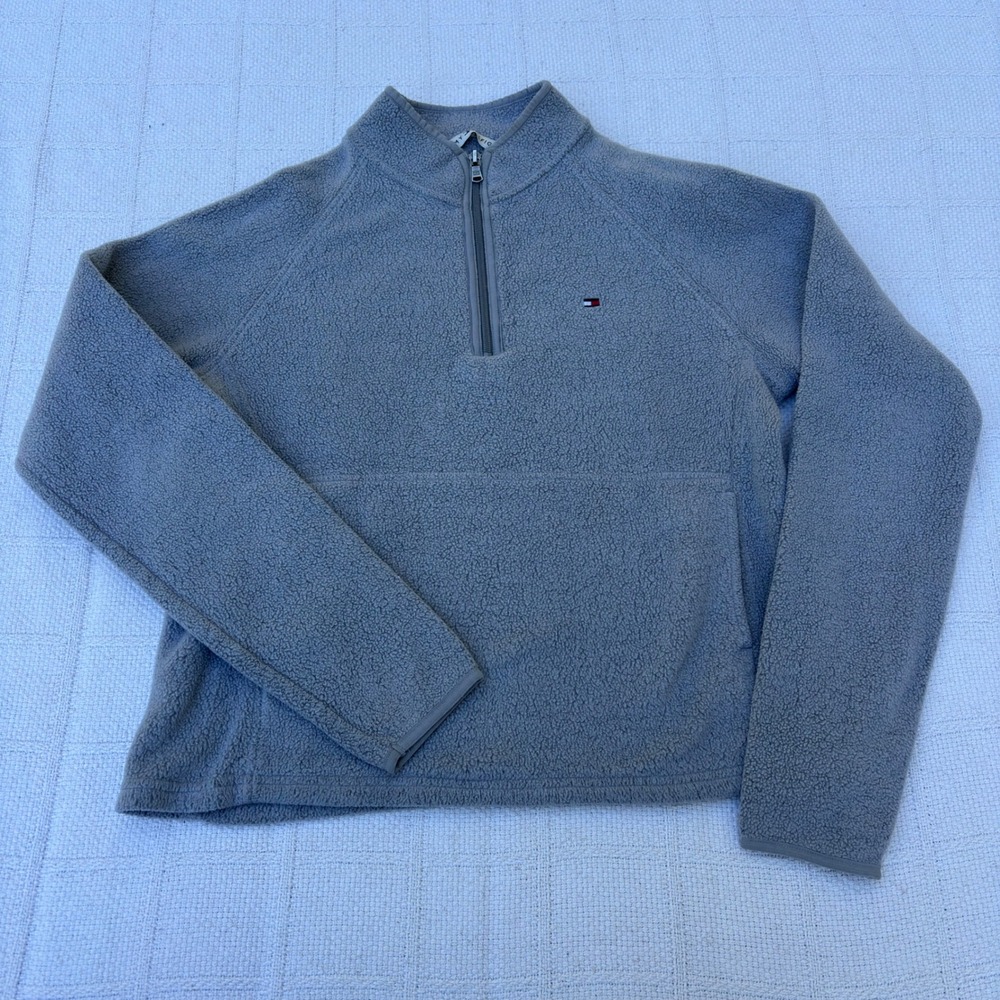Women's Medium TOMMY HILFIGER Y2K Gray Logo Half Zip Fleece Pullover Jacket